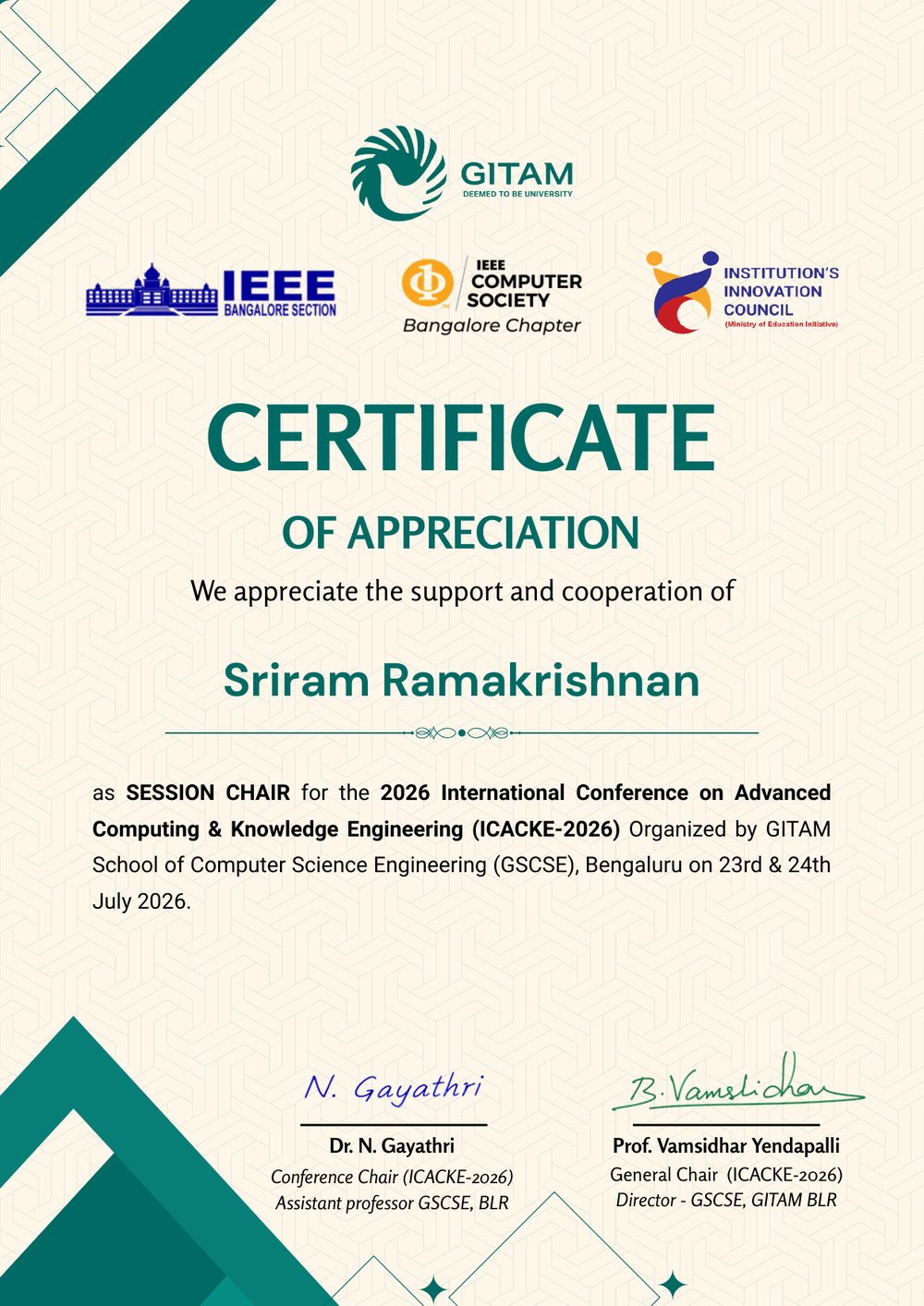 ICACKE 2026 Session Chair Certificate