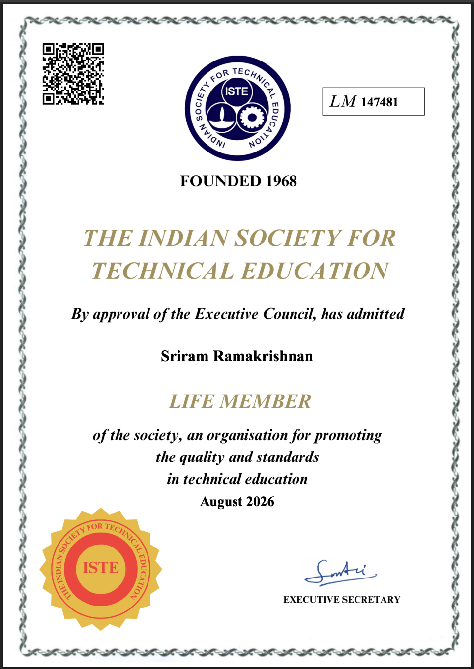 ISTE Life Member Certificate